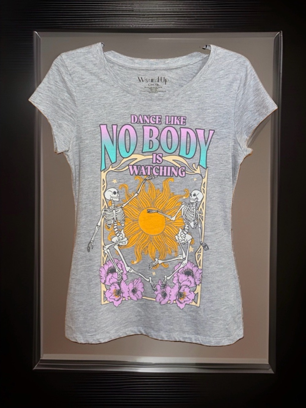 Wound Up Grey Graphic Tee with Multicolor Retro Skelton & Sun Print-L(11-13)-EC